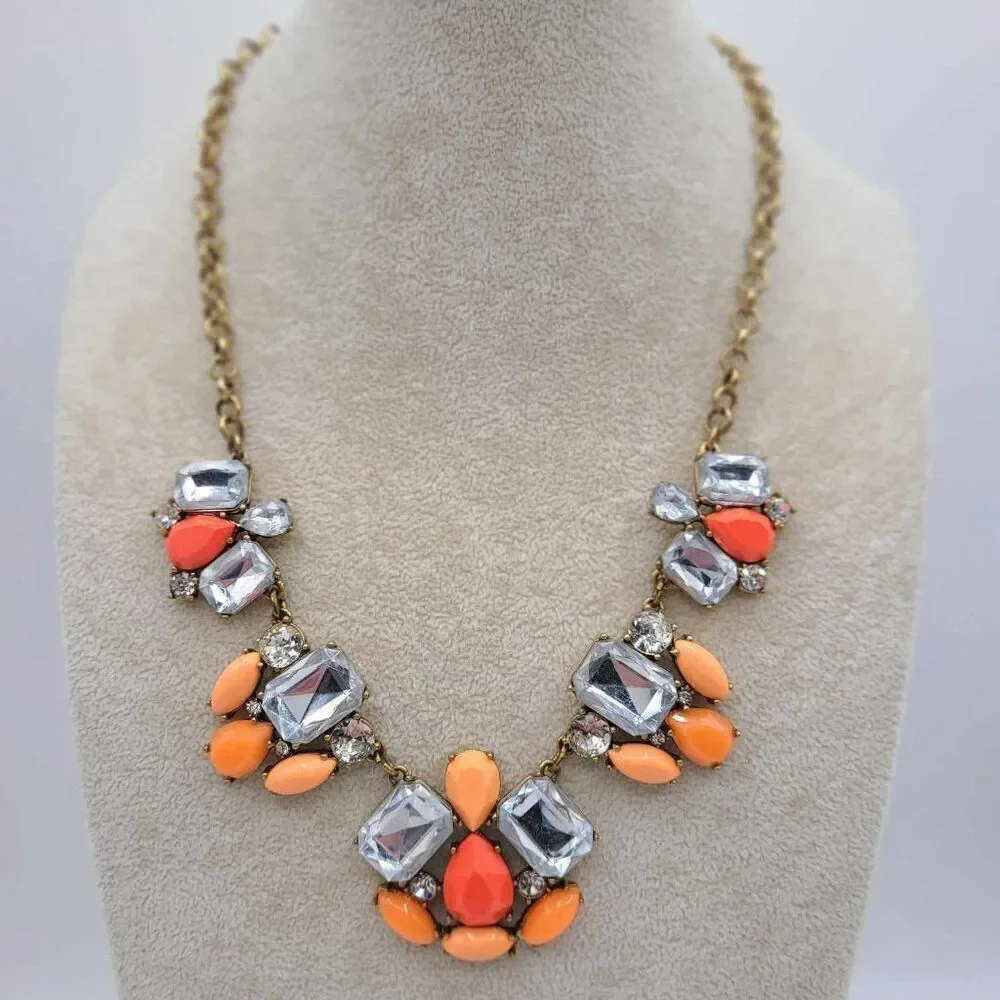J Crew Large Clear Crystal and Orange Resin Statement Necklace